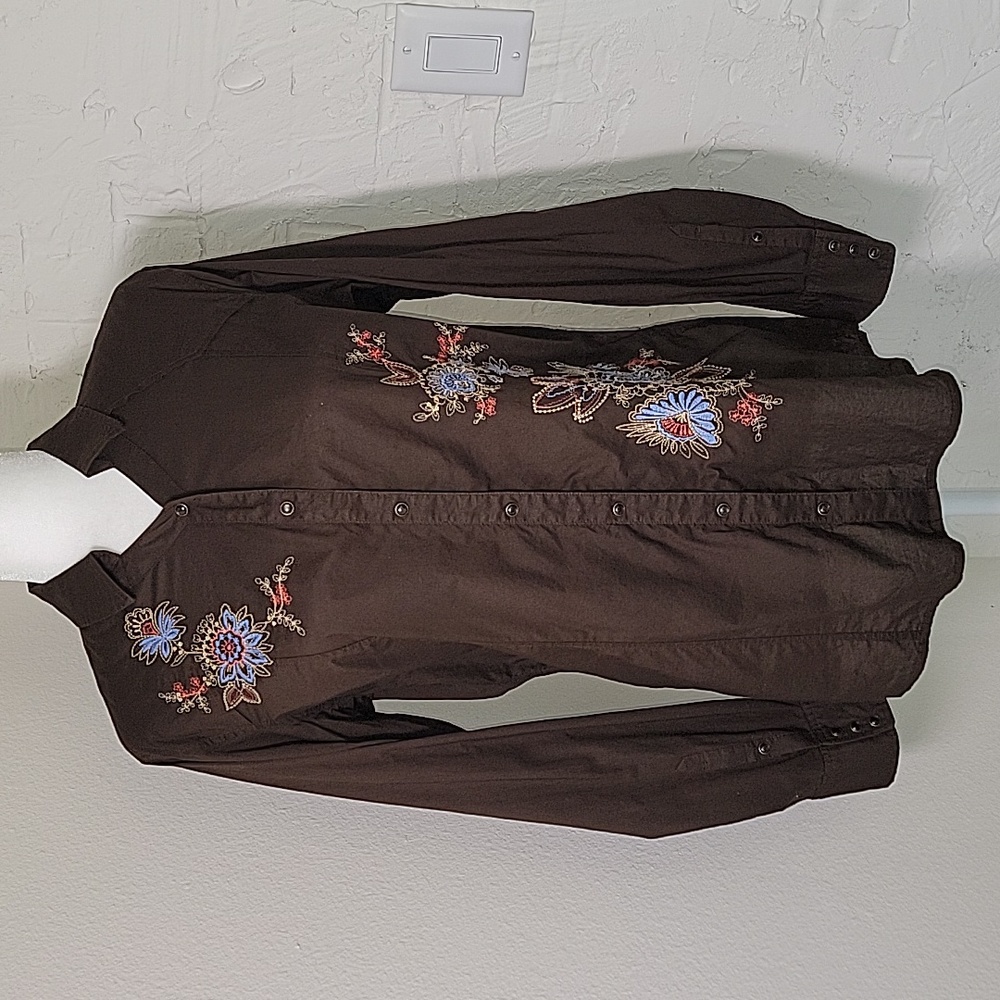 Ariat Shirt Blouse Top Fitted Pearl Snap Button Down Embroidered Floral Brown XL